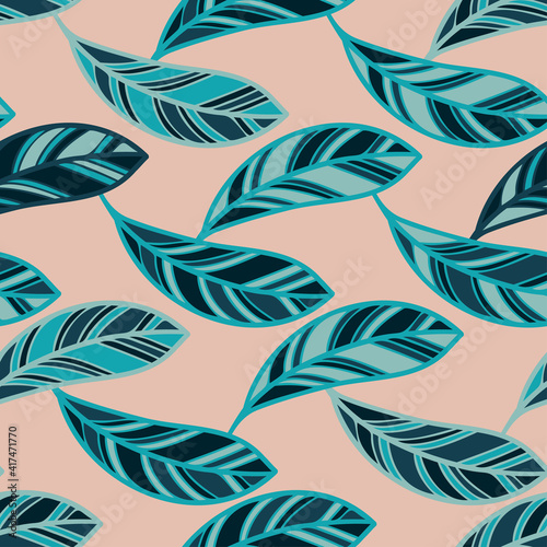 Seamless pattern with abstract geometric feather shapes in blue and green tones on pastel background