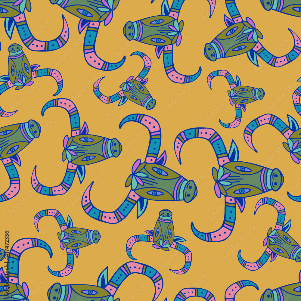 Seamless vector pattern design of ornamental cute lined bull heads in lines Seamless vector pattern design of ornamental cute lined bull heads in lines