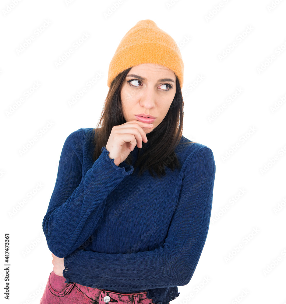 Serious young woman thinks. Closeup portrait of doubtful girl with confusion face expression, isolated on white background. Careful female person looking away