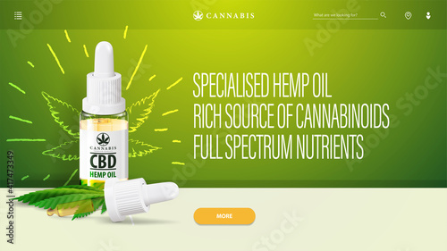 Green header for website with CBD oil and interface elements of website. Poster for website with CBD oil bottle with pipette and marijuana leafs