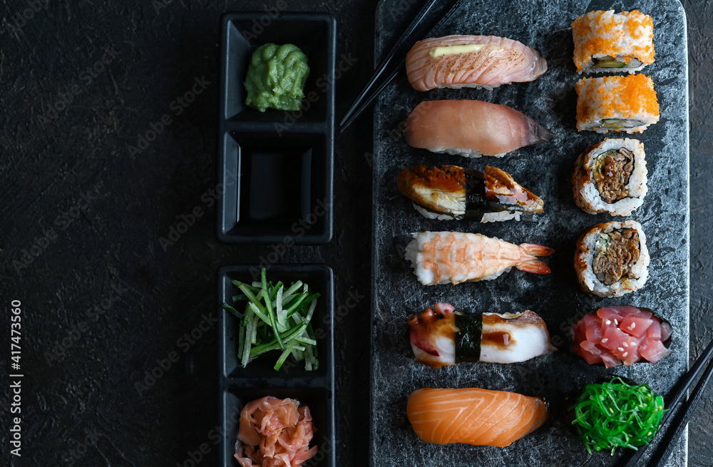 Japanese sushi set - Various Maki sushi roll and nigiri sushi. Japanese food	