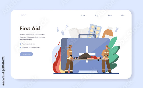 Fireman web banner or landing page. Professional fire brigade