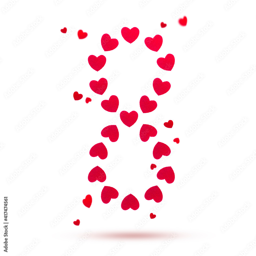Red hearts made of felt figure eight flying isolated on white.Creative 8th March concept,International Women's Day greeting card.Concept levitation.
