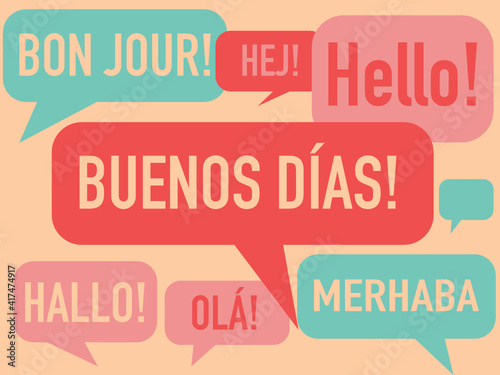 Spanish language courses concept illustration. Translation from left to right: word "Hello" in French, German, Spanish, Portuguese,  Swedish, Turkish and English language. Abstract vector.