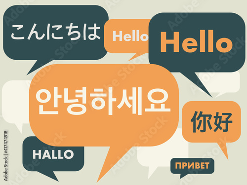 Korean language courses concept illustration. Translation from left to right: word "Hello" in Japanese, German, Korean, Russian, English, Philippines, Chinese. Abstract speech bubble vector.