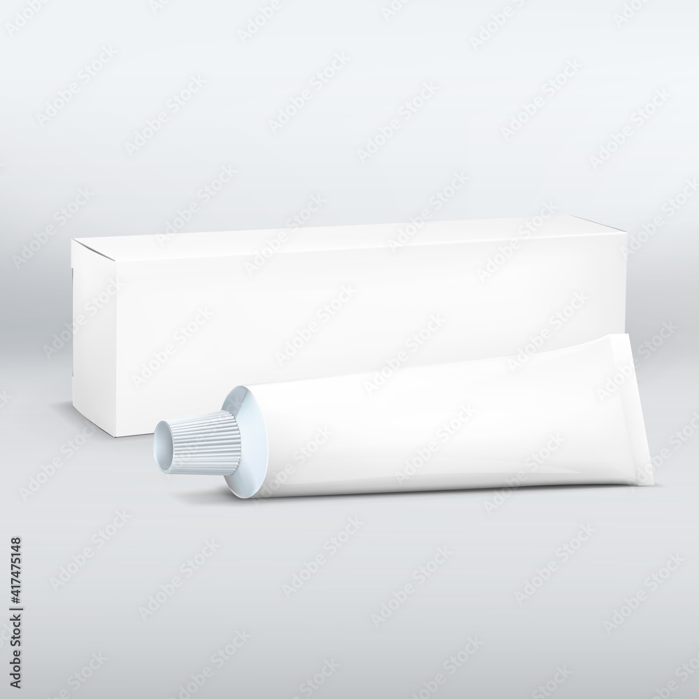 Realistic long White paper or cardboard box and tube mockup for toothpaste, cosmetics, cream. Packaging collection. Box and tube Design Template. Vector illustration isolated on white background. Realistic long White paper or cardboard box and tube mockup for toothpaste, cosmetics, cream. Packaging collection. Box and tube Design Template. Vector illustration isolated on white background.
