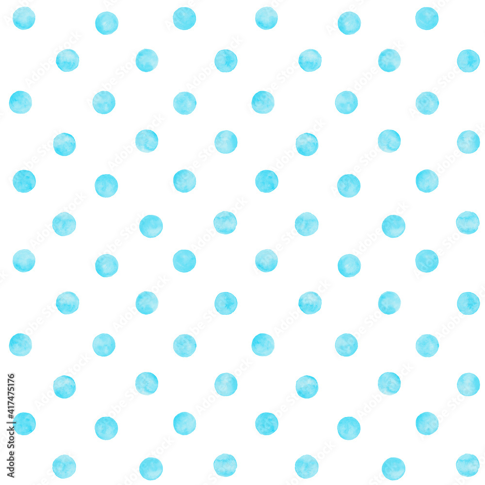 Polka dot blue teal watercolor seamless pattern. Abstract watercolour color circles on white background