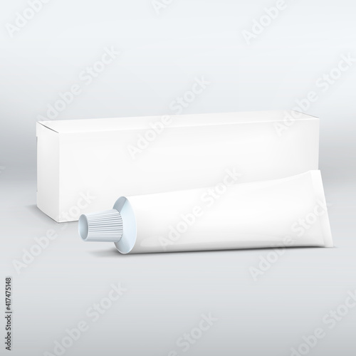 Realistic long White paper or cardboard box and tube mockup for toothpaste, cosmetics, cream. Packaging collection. Box and tube Design Template. Vector illustration isolated on white background. 