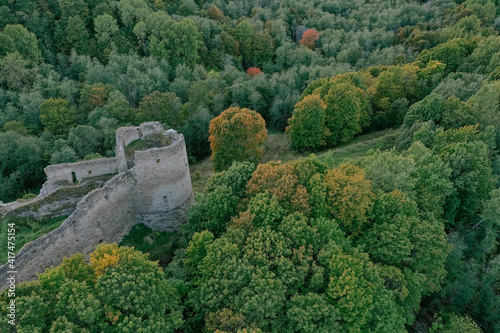 Aerial view of the Defensive Fortress in the south-west of the Leningrad Region, on the edge of the Izhora Upland, in the village of Koporye. A platform for a high rocky promontory.