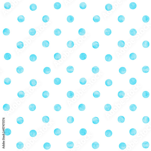 Polka dot blue teal watercolor seamless pattern. Abstract watercolour color circles on white background