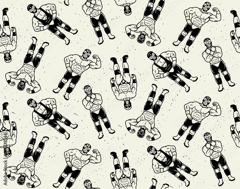 Seamless Pattern with Lucha Libre Characters. Mexican Wrestler Fighters in Mask. Vector Illustration.