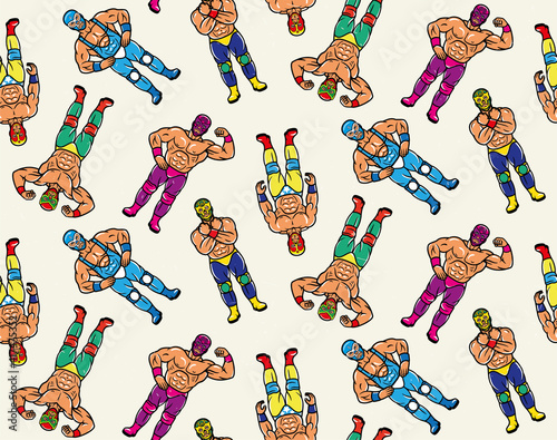 Seamless Pattern with Lucha Libre Characters. Mexican Wrestler Fighters in Mask. Vector Illustration.