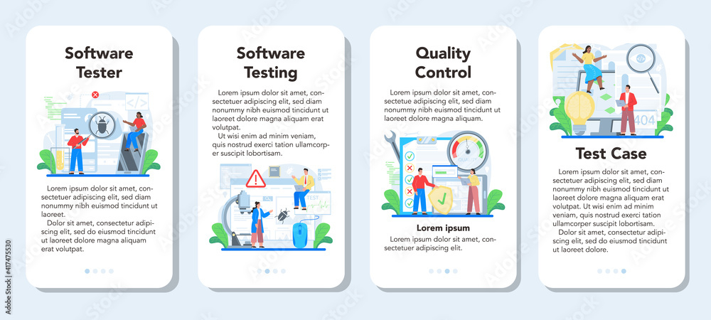 Software testing mobile application banner set. Application or website Software testing mobile application banner set. Application or website