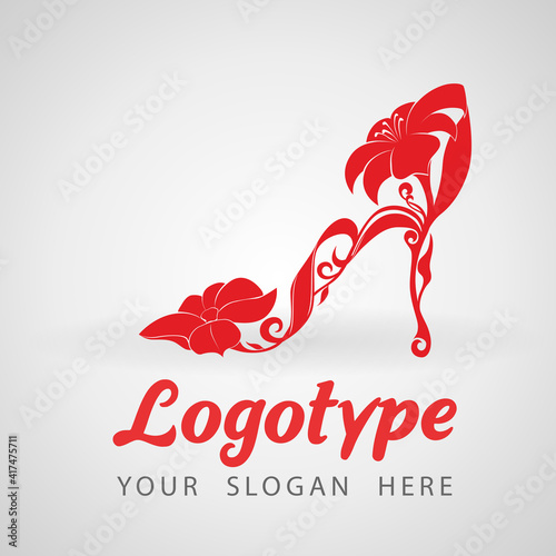Red high heel shoes with flowers. Dress shoes, floral pattern. Isolated on a white background - vector.  Boutique Decoration. Fashion Emblem. Shopping concept. Fashion Beautiful red shoe logo.