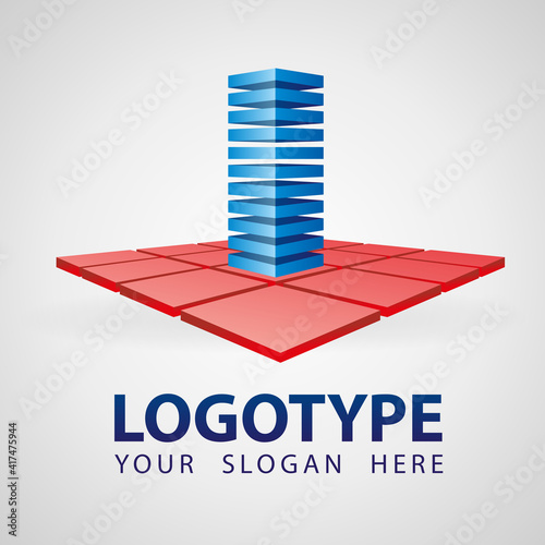 3D geometry Abstract bulding company vector logo icon. Building from blocks on a flat surface from blocks logo template design. Isometric style, multipurpose corporation logo template.