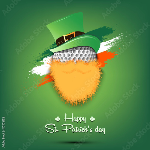 Happy St. Patricks day. Leprechaun in the form of a golf ball. Golf ball with beard and leprechaun hat. Greeting card design template. Vector illustration