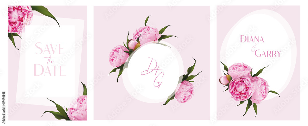 Realistic 3d peony vector illustration template set. mockup vector realism. Pink buds, blossom. Wedding decoration, invitation, card, greetings, anniversary, thank you save the date. pion composition 
