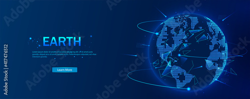 Planet Earth from space. Flickering lights of cities. Map of the mainland. Global communications system and the World Wide Web. Technologies and communications. Globalization. Luminous sphere. Vector.