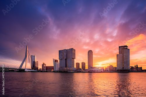 Colorfull sunrise at the skyline of Rotterdam