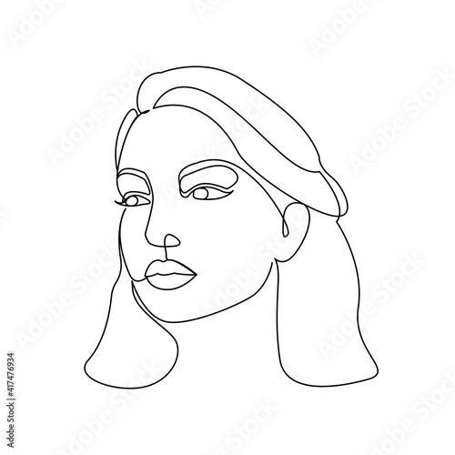 Contemporary portrait in one line art. Girl looks left three-quarter.  Modern face drawing. Vector isolated on white background. Editable stroke.  For logo, cosmetic services, avatar, prints, tattoos.