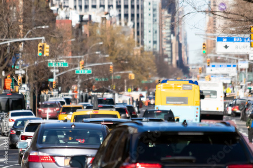 Cars, taxis and buses are crowded along 1st Avenue during rush hour traffic in Manhattan New York City