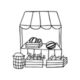 Doodle food market illustration. Hand drawn food bazaar icon. Doodle vegetable market icon. Hand drawn bazaar illustration with vegetables and fruits