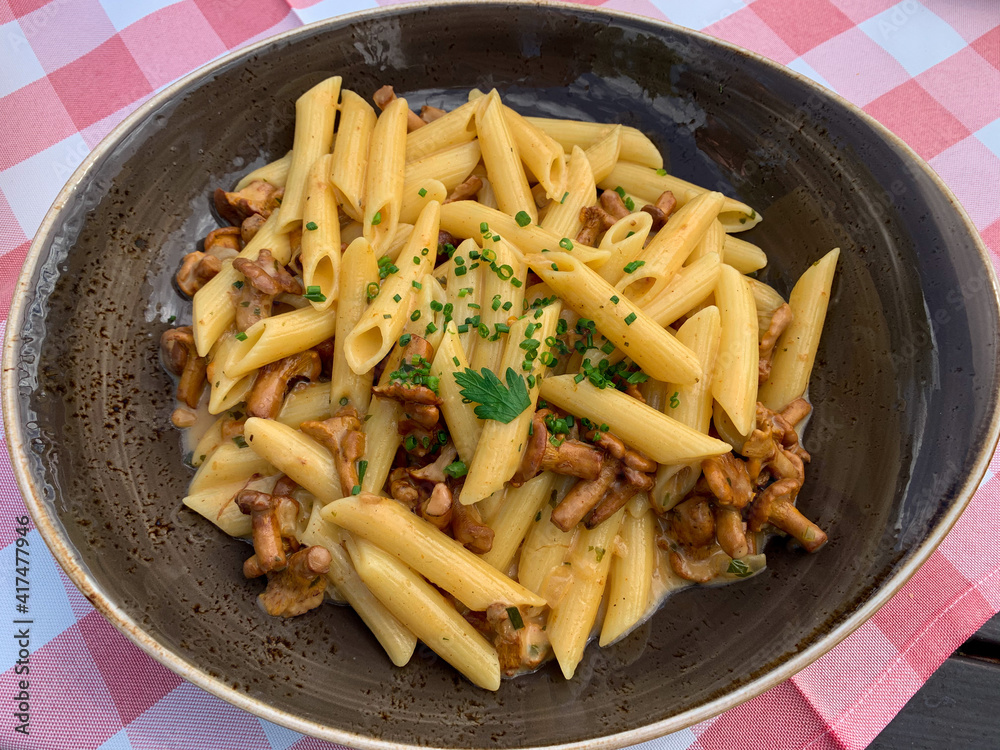 Penne rigate pasta with chanterelle mushrooms in cream sauce and parsley in the plate high angle view Penne rigate pasta with chanterelle mushrooms in cream sauce and parsley in the plate high angle view