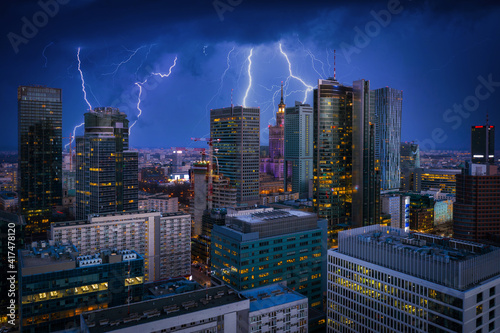 Amazing cityscape of Warsaw city at thunder storm, Poland.