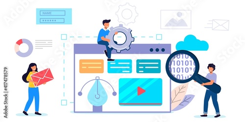Building website project as programming homepage process Tiny person Vector illustration concepts for website and mobile website development Abstract design work activity and web elements layout 