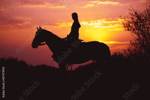 Silhouette of a rider and horse on a background of sunrise or sunset. Girl riding a stallion.