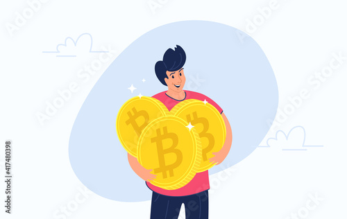 Young happy man hugging heavy three golden symbols of bitcoin. Flat modern concept vector illustration of people who buying and selling cryptocurrency and mining blockchain coins on growing markets