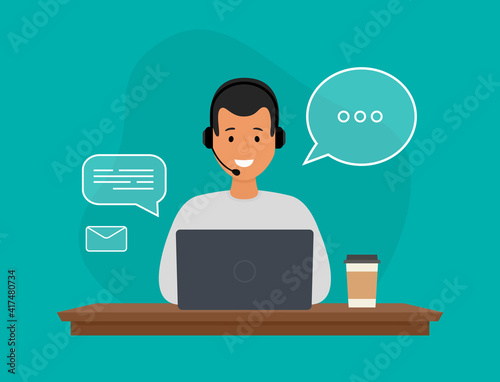 Operator of call center office working in headphones. Сustomer service concept. Hotline worker. Flat style vector illustration.