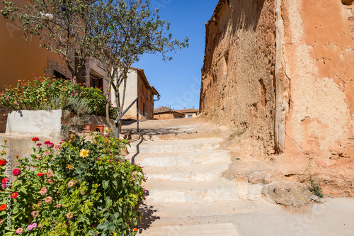 a street with stairs in Villalvaro village, municipality of San Esteban de Gormaz, province of Soria, Castile and Leon, Spain