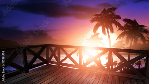 Night seascape with sunset and wooden pier by the sea. Evening Shore with palm trees, beach party. Neon sunset, sunlight, neon lights, neon reflection in water. 3D illustration. 