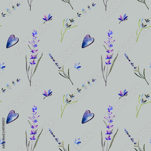 Seamless watercolor pattern with lavender and wild herbs