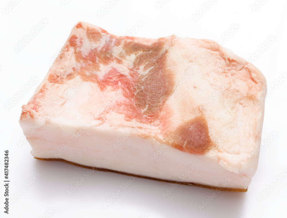 raw lard piece on white background, pork fat raw lard piece on white background, pork fat