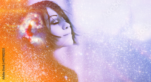 Fotografie Human face on blue light star in cosmos space
