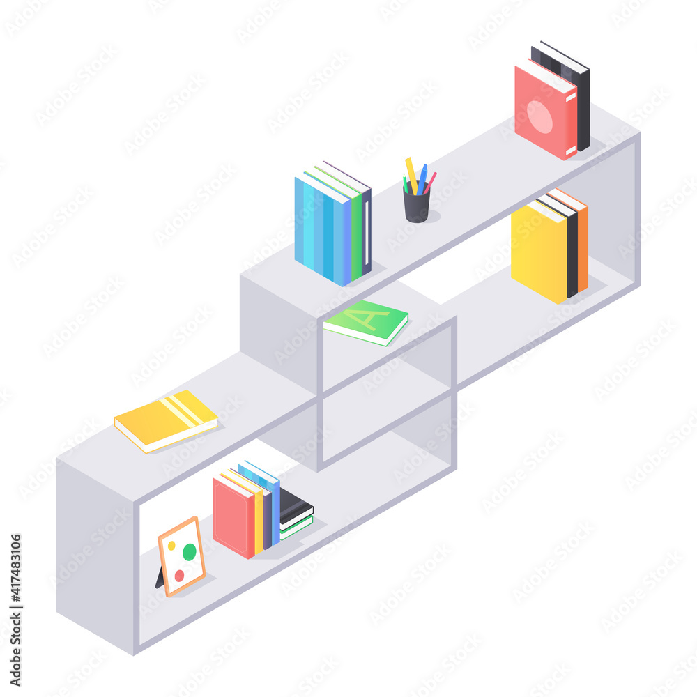 Books and chancellery on gray wooden bookshelf in isometric vector. Stacks of hard cover paper literature in shelf for education home or university interior. Rack with various home studying objects. Books and chancellery on gray wooden bookshelf in isometric vector. Stacks of hard cover paper literature in shelf for education home or university interior. Rack with various home studying objects.