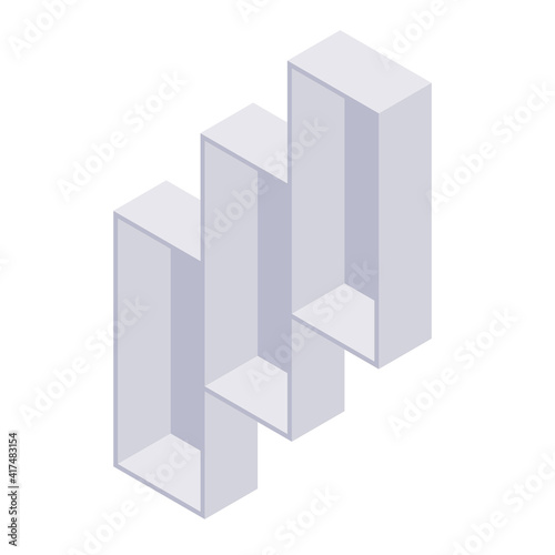 Bookshelf isometric - case and shelf for books for home and store interior design. Empty gray wooden furniture for home and shop storage in vector illustration.