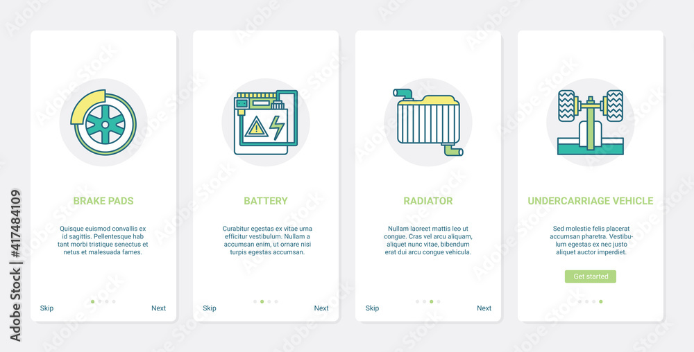 Car vehicle automotive parts, auto repair garage, shop or service center vector illustration. UX, UI onboarding mobile app page screen set with line automobile brake pads battery radiator chassis