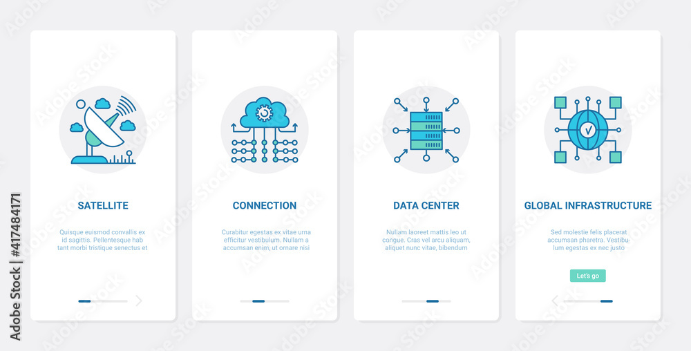 Satellite connection, cloud data infrastructure vector illustration. UX, UI onboarding mobile app page screen set with line datacenter server digital technology, wireless signals connect to network