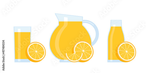 Orange fruit juice in glass, jug and bottle. Fresh citrus fruit drink with vitamins. Vector illustration isolated on white background