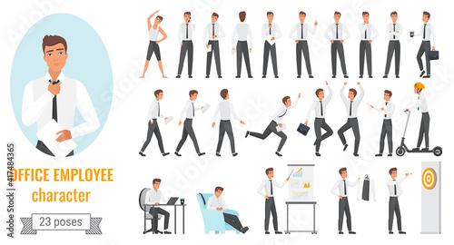 Office workers poses infographic vector illustration set. Cartoon young employee businessman character working, happy winner manager jumping, showing different work positions isolated on white