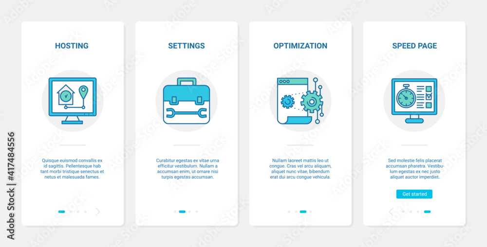 Web page optimization modern internet technology vector illustration. UX, UI onboarding mobile app page screen set with line right tech settings for website download speed, homepage hosting symbols - obrazy, fototapety, plakaty 