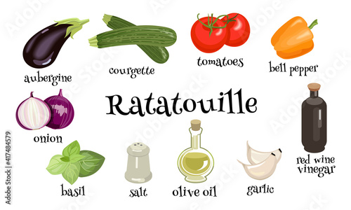 Ratatouille french vegetable dish. Set of ingredients. Vector illustration.