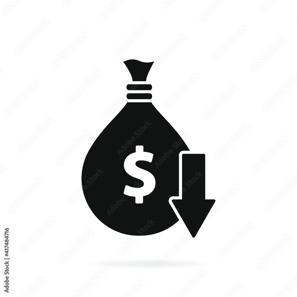 Decreasing value of dollar. Cost reduction icon concept isolated on white background. Vector illustration Decreasing value of dollar. Cost reduction icon concept isolated on white background. Vector illustration