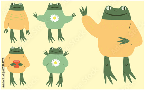 Set of drawings of a cartoon frog in a sweater. Children's flat vector illustration. Character cute friendly toad. humanized frog