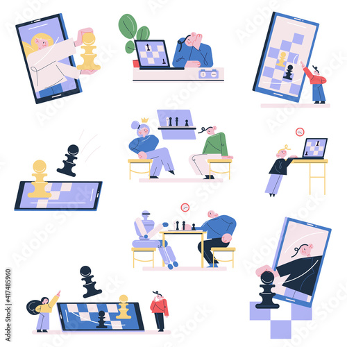 Set of people and children playing chess online on smartphones and laptops