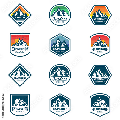 Set of mountain travel emblems. Camping outdoor adventure emblem, badge, and logo patch. Mountain tours, hiking. Jungle camp label in vintage and silhouette style