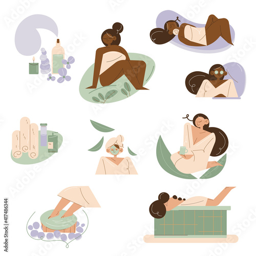 Set of young multiethnic women enjoying skincare and treatments in spa